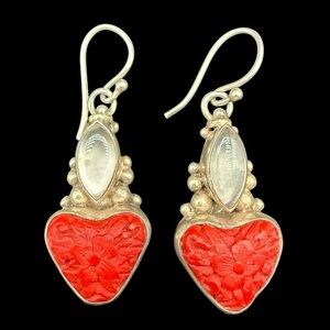 Sterling Silver Clear Cabochon Red Heart Floral Drop Earrings